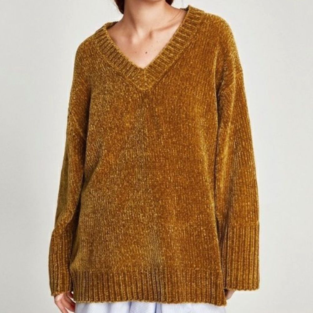 Zara Knit Burnt Orange Chenille Chunky Over-Sized V-Neck Sweater Size Small